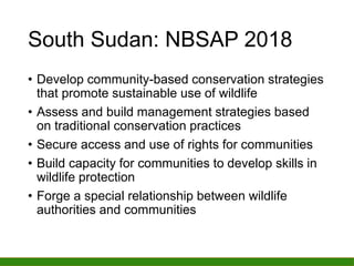 South Sudan: NBSAP 2018
• Develop community-based conservation strategies
that promote sustainable use of wildlife
• Asses...