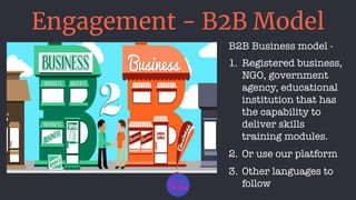 Engagement - B2B Model
B2B Business model -
1.	Registered business, 		
		NGO, government 				
		 agency, educational 			
	...