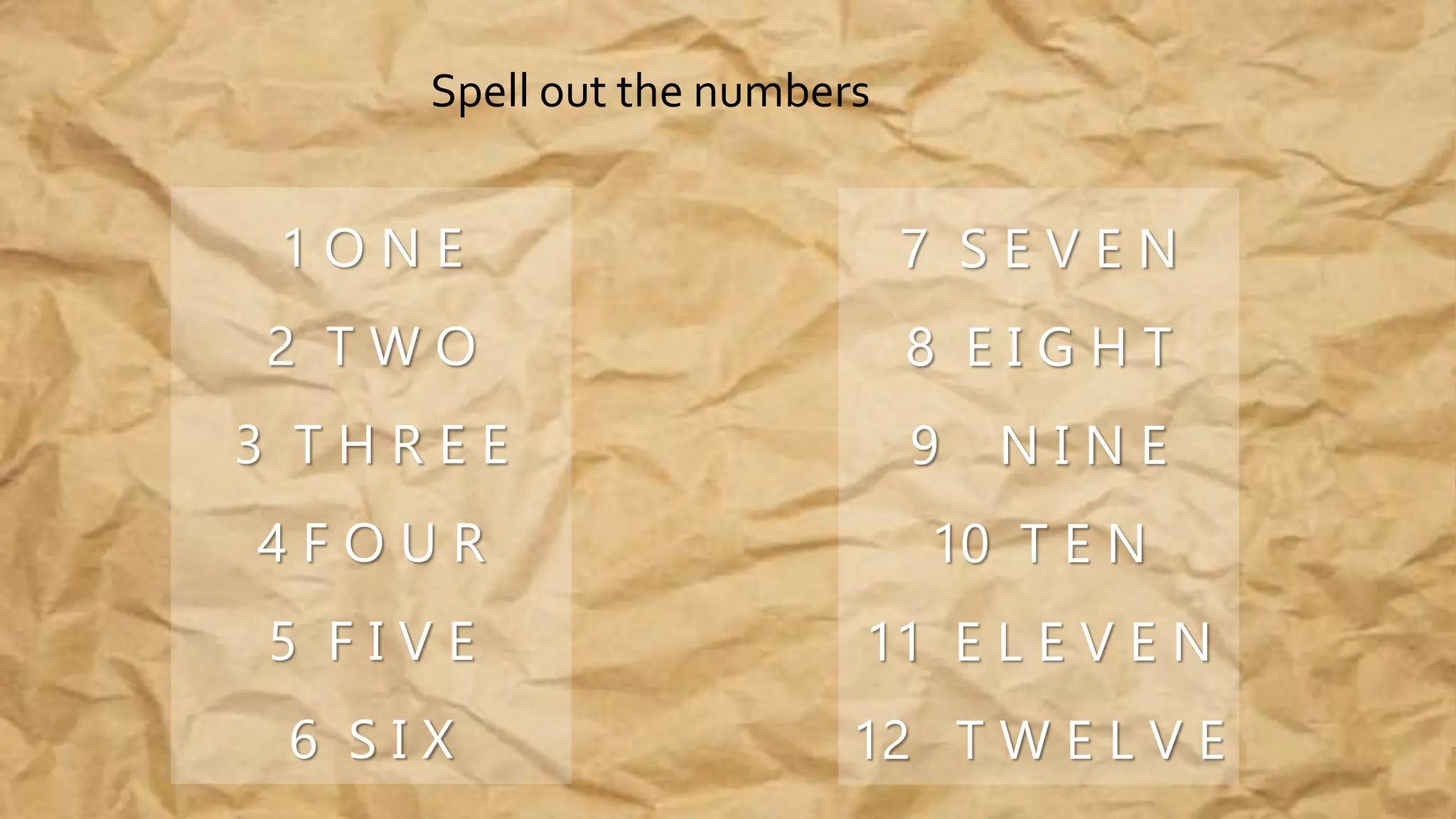 1 O N E
2 T W O
3 T H R E E
4 F O U R
5 F I V E
6 S I X
7 S E V E N
8 E I G H T
9 N I N E
10 T E N
11 E L E V E N
12 T W E L V E
Spell out the numbers