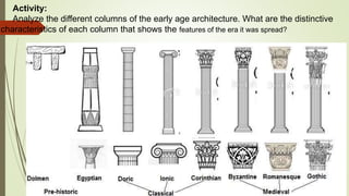 Activity:
Analyze the different columns of the early age architecture. What are the distinctive
characteristics of each column that shows the features of the era it was spread?
 