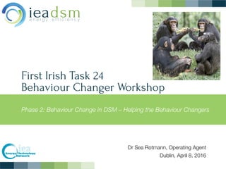 First Irish Task 24  
Behaviour Changer Workshop
Phase 2: Behaviour Change in DSM – Helping the Behaviour Changers
Dr Sea Rotmann, Operating Agent
Dublin, April 8, 2016
 