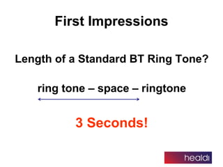 First Impressions
Length of a Standard BT Ring Tone?
ring tone – space – ringtone
3 Seconds!
 
