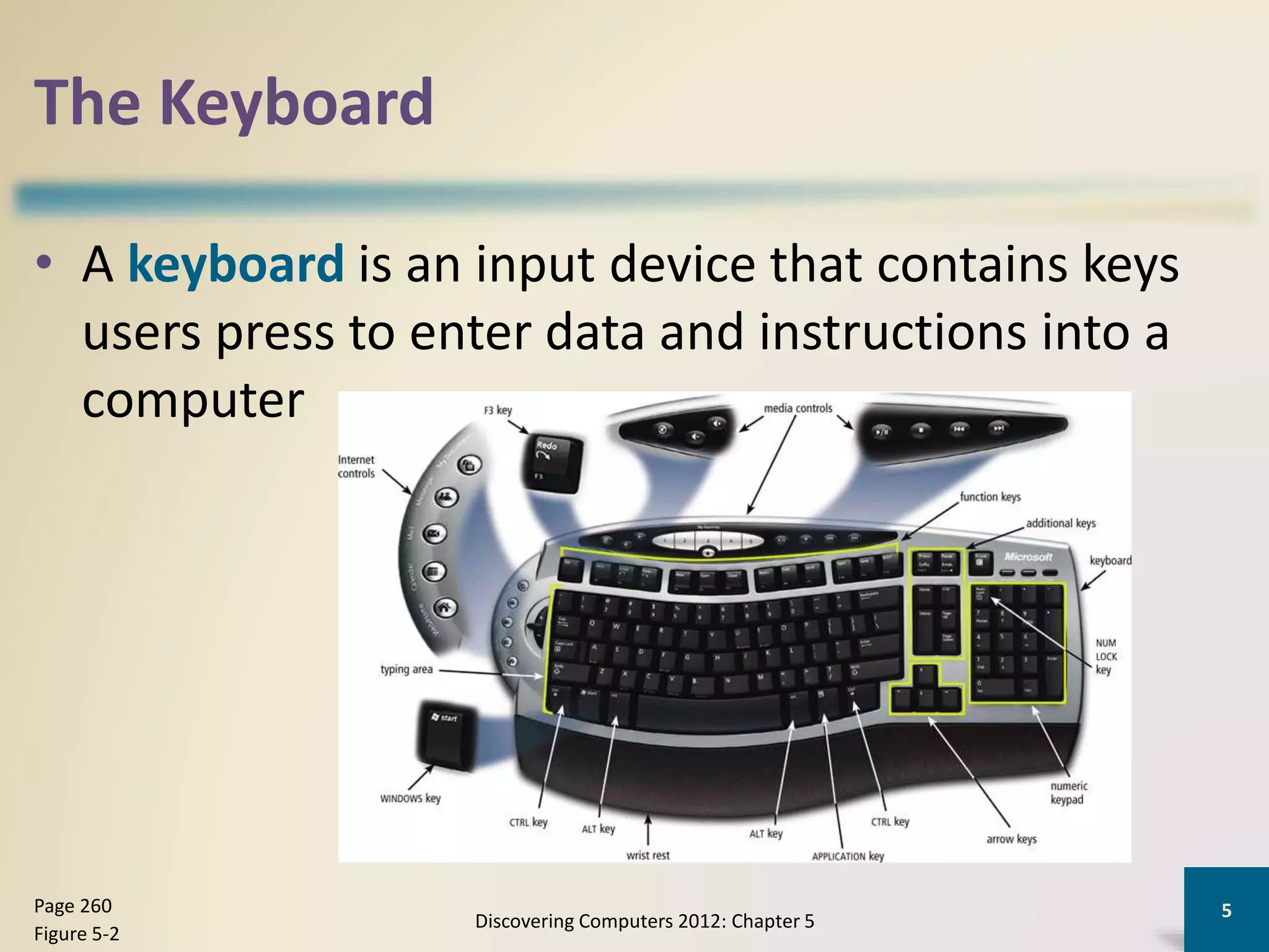 The Keyboard
• A keyboard is an input device that contains keys
users press to enter data and instructions into a
computer
Discovering Computers 2012: Chapter 5
5Page 260
Figure 5-2
 