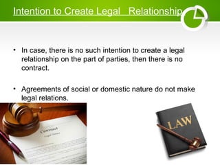 Intention to Create Legal Relationship
• In case, there is no such intention to create a legal
relationship on the part of parties, then there is no
contract.
• Agreements of social or domestic nature do not make
legal relations.
 