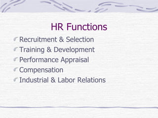 HR Functions Recruitment & Selection  Training & Development  Performance Appraisal Compensation Industrial & Labor Relations 