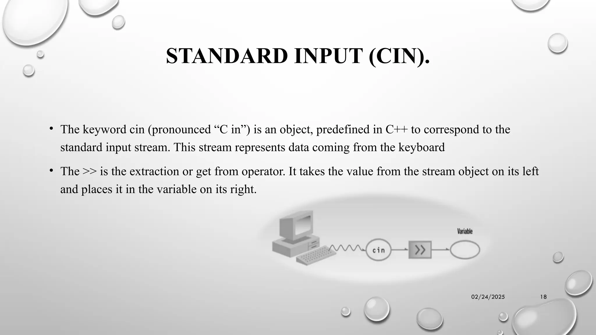 02/24/2025 18
STANDARD INPUT (CIN).
• The keyword cin (pronounced “C in”) is an object, predefined in C++ to correspond to the
standard input stream. This stream represents data coming from the keyboard
• The >> is the extraction or get from operator. It takes the value from the stream object on its left
and places it in the variable on its right.
 