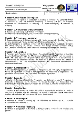 Chapter 1. introduction to company
i. Association ii. Typology of association iii. Meaning of company iv. General Definition
v. Definition by Jurist vi. Definition According To company Act 2017. vii. Essential
Ingredients viii. Characteristic Of Company ix. Merits of company x. Demerits of
company.
Chapter 2. Comparison with partnership
i. Definition of partnership ii. Definition of Company
iii. Difference between company and partnership iv. Unincorporated body
Chapter 3. Typology of company
I. Registered company ii. Statutory company iii. Holding company iv. Subsidiary company.
v. Home company vii. Foreign company viii. Multinational company
ix. Listed company x. Non listed company xi. Banking company xii .Associated company.
Xiii. Public company xv. Private company .xvi. Single member company (SMC).
xvii. Chartered company etc. xviii. Difference between public and private company.
Chapter 4. Formation
I. Promoters and Promotion ii. Initial Stage / Theoretical Stage iii. Preparation of Essentials
Documents / Practical Stage iv. Memorandum of association ( MOA ) vi importance of
MOA. VII. Name clause viii. Registered office clause ix. object clause x. capital clause xi
.liability clause xii. association clause xiii. Rules for its different clauses xiv. articles of
association(AOA) xv. Pre incorporation Contract xvi. Alteration of memorandum of
association and articles .
Chapter 5. incorporation
i. Incorporation/registration .ii Certificate of incorporation. iii. Philosophy of registration iv.
Modes of registration .v effect of non-registration .vi .Procedure of registration. vii
permission for registration. Viii. Documents required for registration.
Chapter 6. capital
i. Capital . ii. Typology of capital .iii. Prospectus vi. Statement in Lieu Of Prospectus v.
Certificate of Business vi. Business vii. Shares, typology and shareholders viii.
Debenture., typology and debenture holders ix. Dividends. x. Transfer and transmission
Chapter 7. Authorities
i. Director. ii. Appointment. iii. powers and duties iv. Removal and retirement v. Board of
directors .vi. chief executive. vii. Secretary. Viii. auditor. Ix. Company court x. Meeting and
typology. xi resolutions .xii. Ultra Vires xiii. Indoor Management.
Chapter 8. Winding up)
i. Definition ii. Modes of winding up iii. Procedure of winding up iv . Liquidator
v. consequences of winding up
Chapter 9. Commission (SECP)
I definition ii. composition iii. functions iv. Policy board v. composition vi. functions and
powers
Subject: Company Law
Standard: LL.B Second year
Topic: syllabus
MUNIR HUSSAIN KTK
Lecturer
UNIVERSITY LAW COLLEGE
QUETTA
www.facebook.com/pages/Corridor-to-Commercial-Law
 