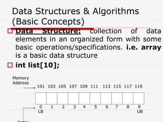  Data Structure: collection of data
elements in an organized form with some
basic operations/specifications. i.e. array
is a basic data structure
 int list[10];
Data Structures & Algorithms
(Basic Concepts)
0 1 2 3 4 5 6 7 8 9
101 103 105 107 109 111 113 115 117 119
Memory
Address
LB UB
 