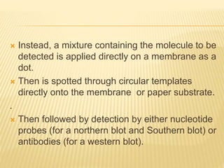  Instead, a mixture containing the molecule to be
detected is applied directly on a membrane as a
dot.
 Then is spotted through circular templates
directly onto the membrane or paper substrate.
.
 Then followed by detection by either nucleotide
probes (for a northern blot and Southern blot) or
antibodies (for a western blot).
 