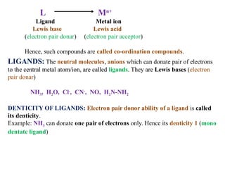 LIGANDS: The neutral molecules, anions which can donate pair of electrons
to the central metal atom/ion, are called ligands. They are Lewis bases (electron
pair donar)
NH3, H2O, Cl-
, CN-
, NO, H2N-NH2
DENTICITY OF LIGANDS: Electron pair donor ability of a ligand is called
its denticity.
Example: NH3 can donate one pair of electrons only. Hence its denticity 1 (mono
dentate ligand)
L Mn+
Ligand Metal ion
Lewis base Lewis acid
(electron pair donar) (electron pair acceptor)
Hence, such compounds are called co-ordination compounds.
 
