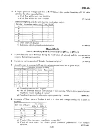14MtsA14
deviation of { 60 lakhs,
(07 Marks)
The followins table the activities I ruction project.w n aDie glves ac lvl les ln a cons
Activity Immed iate preciecesso r Time (days)
A 4
B 6
la
- 2
D A
11 5
E 11
2
F A '7
G D, B, E,
I
/t
-f
a) Di:aw a network diagram
b) Determine critical path and project duration.
SECTION - C-
Note : Answer $ny t"-tluR guestionsfrom Q.No"r to e.No.7.
Explain the rules to be foilowed during the construction of network aiid tire common errors
A Project yields an average cash flow of t 500 lakhs, with a standard
Calculate the following probabilities.
a) Cash flow will be nlore than 560 lakhs
b) Cash flow will be less than 420 lakhs.
occurred during the construction.
Explain the varir:u,s aspects of '"Data for tsusiness Analytics"'i
A 1t
l1 sed of 7
(07 Marks)
(10 Marks)
(t0 Marks)
time estimates are as given beiow.
of each activity. What is the expected project
e project by 13 weeks. (10 Marks)
is taken and average running life in years is
)
4.t
ctT{LA, rolecr ls co oI i actl-,lttes rvhose
E,stimated duration (rveeks)
Activity Optimistic h4ost likely Pessirnistic
1al-./- I
I 7
i -J 1 4 '7
| -4 2 2 I
2-5 i 'l
I I
3-s 5 t1
4-6 1 5 6
5-6 -i A l5
a) Draw the project netwcrk diagram.
b) Find the expected duration and variance
length and prcject standard deviation'?
c) Caiculate the probabiiity of cornpleting th
A sample of S0cars each of 2makes X and Y
recorded.
Life (hio. of Years)
hio. of Cars
Make X Make Y
0-5 B 6
5-10 t2 i0
10 - l5 l7 2A
15 -2A i0 t2
2A 25
.)
J 2
a) Which oflthese turo makes
b) Which of ti-rese makes
deviation.
average life?
greater consistent
cf3
performance? Use standard
(10 Marks)
gives higher
has shor,vn
 