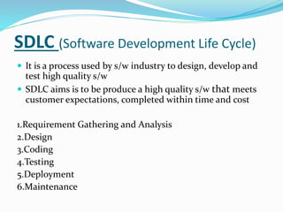 SDLC (Software Development Life Cycle)
 It is a process used by s/w industry to design, develop and
test high quality s/w
 SDLC aims is to be produce a high quality s/w that meets
customer expectations, completed within time and cost
1.Requirement Gathering and Analysis
2.Design
3.Coding
4.Testing
5.Deployment
6.Maintenance
 