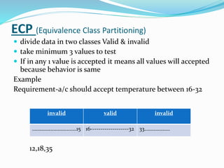 ECP (Equivalence Class Partitioning)
 divide data in two classes Valid & invalid
 take minimum 3 values to test
 If in any 1 value is accepted it means all values will accepted
because behavior is same
Example
Requirement-a/c should accept temperature between 16-32
12,18,35
invalid valid invalid
……………………………15 16-------------------32 33……………….
 