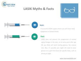 LASIK Myths & Facts
Myth:
A successful LASIK surgery means you will never need
eyeglasses or contact lenses.
Fact:
LASIK does not prevent the progression of normal
aging changes in the eyes, so at some point after age
40, you likely will need reading glasses, like anyone
else. Also, it's possible you might still need to wear
glasses on a part-time basis for specific tasks, such as
driving at night.
www.clearview2020.com
 