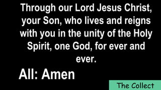 Through our Lord Jesus Christ,
your Son, who lives and reigns
with you in the unity of the Holy
Spirit, one God, for ever and
ever.
All: Amen
The Collect
 