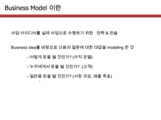 Business Model 이란
사업 아이디어를 실제 사업으로 수행하기 위한 전략 & 전술
Business idea를 바탕으로 다음의 질문에 대한 대답을 modeling 한 것
- 어떻게 돈을 벌 것인가? (수익 모델)
- 누구에게서 돈을 벌 것인가? (고객)
- 얼만큼 돈을 벌 것인가? (시장 규모, 매출 목표)
:
 