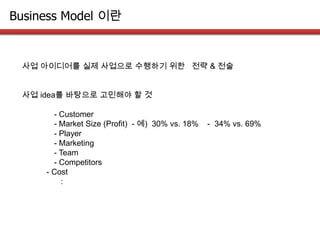 Business Model 이란
사업 아이디어를 실제 사업으로 수행하기 위한 전략 & 전술
사업 idea를 바탕으로 고민해야 할 것
- Customer
- Market Size (Profit) - 예) 30% vs. 18% - 34% vs. 69%
- Player
- Marketing
- Team
- Competitors
- Cost
:
 