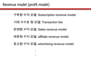Revenue model (profit model)
구독형 수익 모델: Subscription revenue model
거래 수수로 형 모델: Transaction fee
판매형 수익 모델: Sales revenue model
제휴형 수익 모델: affiliate revenue model
광고형 수익 모델: advertising revenue model
:
:
 