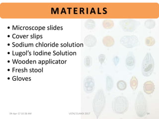 • Microscope slides
• Cover slips
• Sodium chloride solution
• Lugol’s Iodine Solution
• Wooden applicator
• Fresh stool
• Gloves
MATERIALS
04-Apr-17 10:38 AM 14USTAZ ELHADI 2017
 