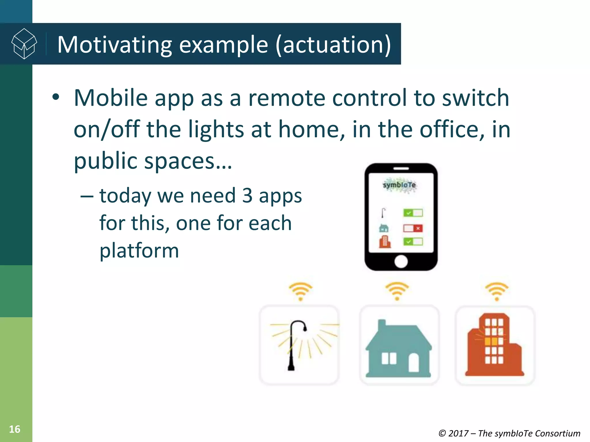 © 2017 – The symbIoTe Consortium16
• Mobile app as a remote control to switch
on/off the lights at home, in the office, in
public spaces…
– today we need 3 apps
for this, one for each
platform
Motivating example (actuation)
 