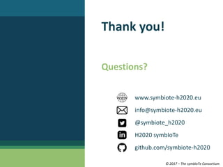 © 2017 – The symbIoTe Consortium
Thank you!
Questions?
www.symbiote-h2020.eu
info@symbiote-h2020.eu
@symbiote_h2020
H2020 ...