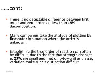 ……cont:
• There is no detectable difference between first
order and zero order at less than 15%
decomposition.
• Many companies take the attitude of plotting by
first order in situation where the order is
unknown.
• Establishing the true order of reaction can often
be difficult, due to the fact that strength changes
at 25ºc are small and that unit–to –unit and assay
variation make such a distinction difficult
28-Sep-16 9
 