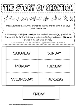 www.ImansHomeschool.blogspot.com
.
ِ‫إت‬َ‫او‬َ‫م‬ َّ‫س‬‫ل‬‫إ‬ َ‫ق‬َ‫ل‬َ‫خ‬ ‫ي‬ِ َّ‫إَّل‬ ‫م‬َّ‫إَّلل‬ ‫م‬ ‫م‬‫ُك‬َّ‫ب‬َ‫ر‬ َّ‫ن‬
ِ
‫إ‬َ ‫َأْل‬‫ر‬ ‫َأْل‬‫إا‬َ‫و‬‫ٍم‬ َّ ِ َّ ِ‫ِس‬ ِ
Indeed your Lord is Allah, Who created the heavens and the earth in Six Days
[Surah al-A‟raf 7:54]
The Messenger of Allah told us about how Allah created the
Heavens and the Earth and all that is in them in Six Days and Adam was
created in the last hours of Friday.
[Sahih Muslim, 39, 6707 and Tabarani, vol 1, pg 187-188 and vol 1, pg 192-193]
SATURDAY SUNDAY
MONDAY TUESDAY
WEDNESDAY THURSDAY
FRIDAY
 