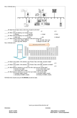 FIG 3- FOR NOS 38-41
______38. Based from the figure above, what is the pH scale for soft drinks?
a. 3 b.6 c.9 d.12
______39. Which among the following is an example of acid?
a. detergent b. egg white c. vinegar d. blood
______40. Which among the following is an example of base?
a. gastric juice b. saliva c. milk d. detergent
______41. Which among the following is arranged from weak acid to strong acid?
a. lemon juice, vinegar, softdrinks b. milk, rain water, lemon juice
c. blood, egg white, detergent d. detergent, sea water, milk
FIG 4- FOR NOS 42-45
______42. Based on the position of the elements in the Periodic Table, which letter represents metals?
a. A b. B c. C d. D
______43. Based on the position of the elements in the Periodic Table, which letter represents nonmetals?
a. A b. B c. C d. D
______44. What happens to elements as you move from left to right across the periodic table?
a. becomes less metallic b. have a lower atomic weight
c. have a lower atomic number d. become more metallic
______45. What happens to elements as you move from top to bottom in the periodic table?
a. increasing metallic property b. decreasing metallic property
c. decreasing nonmetallic property d.increasing nonmetallic property
FOR NOS 46-50. Draw the set-up for FILTRATION and write the labels.
“Just do your best and God will do the rest”
PREPARED: CHECKED:
GLACY P. RATO ANNA GRACE A. ALPUERTO
Science Teacher Head Teacher I – Science Department
 