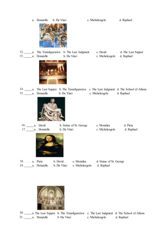 a. Donatello b. Da Vinci c. Michelangelo d. Raphael
a. The Transfiguration b. The Last Judgment c. David d. The Last Supper
a. Donatello b. Da Vinci c. Michelangelo d. Raphael
a. The Last Supper b. The Transfiguration c. The Last Judgment d. The School of Athens
a. Donatello b. Da Vinci c. Michelangelo d. Raphael
a. David b. Statue of St. George c. Monalisa d. Pieta
a. Donatello b. Da Vinci c. Michelangelo d. Raphael
a. Pieta b. David c. Monalisa d. Statue of St. George
a. Donatello b. Da Vinci c. Michelangelo d. Raphael
a. The Last Supper b. The Transfiguration c. The Last Judgment d. The School of Athens
a. Donatello b. Da Vinci c. Michelangelo d. Raphael
12. _____
13. _____
14. _____
15. _____
16. _____
17. _____
18. _____
19. _____
21. _____
20. _____
 