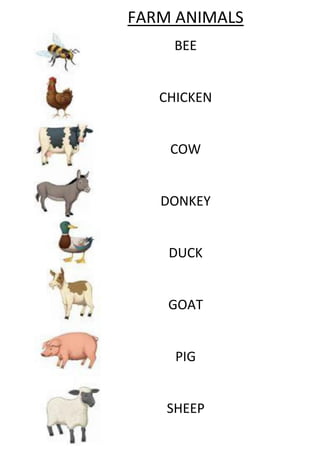 FARM ANIMALS
BEE
CHICKEN
COW
DONKEY
DUCK
GOAT
PIG
SHEEP