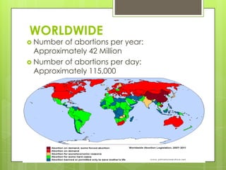 WORLDWIDE
 Number of abortions per year:
  Approximately 42 Million
 Number of abortions per day:
  Approximately 115,000
 