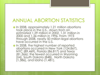 ANNUAL ABORTION STATISTICS
   In 2008, approximately 1.21 million abortions
    took place in the U.S., down from an
    estimated 1.29 million in 2002, 1.31 million in
    2000 and 1.36 million in 1996. From 1973
    through 2008, nearly 50 million legal abortions
    have occurred in the U.S.
   In 2008, the highest number of reported
    abortions occurred in New York (124,867),
    NYC (89,469), Florida (86,817) and Texas
    (81,366); the fewest occurred in Wyoming
    (≤4), South Dakota (848), North Dakota
    (1,386), and Idaho (1,481).
 