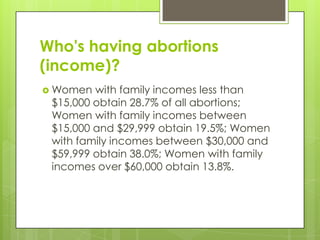 Who's having abortions
(income)?
 Women  with family incomes less than
 $15,000 obtain 28.7% of all abortions;
 Women with family incomes between
 $15,000 and $29,999 obtain 19.5%; Women
 with family incomes between $30,000 and
 $59,999 obtain 38.0%; Women with family
 incomes over $60,000 obtain 13.8%.
 