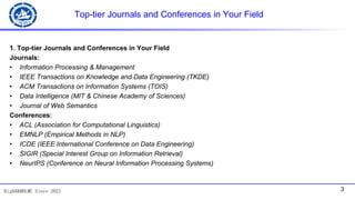 3
BigDAK@DLMU Since 2021
Top-tier Journals and Conferences in Your Field
1. Top-tier Journals and Conferences in Your Field
Journals:
• Information Processing & Management
• IEEE Transactions on Knowledge and Data Engineering (TKDE)
• ACM Transactions on Information Systems (TOIS)
• Data Intelligence (MIT & Chinese Academy of Sciences)
• Journal of Web Semantics
Conferences:
• ACL (Association for Computational Linguistics)
• EMNLP (Empirical Methods in NLP)
• ICDE (IEEE International Conference on Data Engineering)
• SIGIR (Special Interest Group on Information Retrieval)
• NeurIPS (Conference on Neural Information Processing Systems)
 