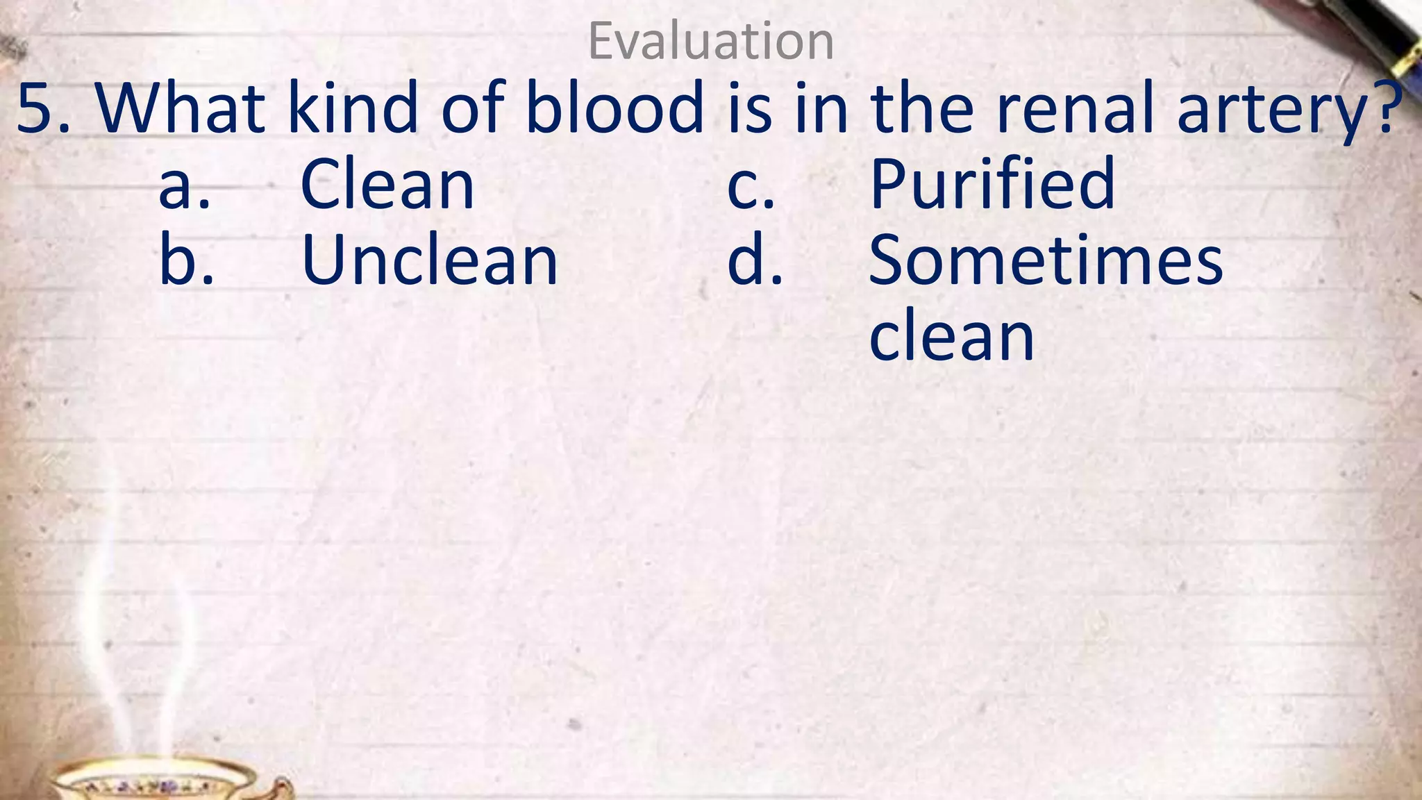 Evaluation
5. What kind of blood is in the renal artery?
a. Clean c. Purified
b. Unclean d. Sometimes
clean
 