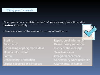 Editing your documents Once you have completed a draft of your essay, you will need to  review  it carefully.  Here are some of the elements to pay attention to: Spelling   Repetition of information Punctuation   Dense, heavy sentences Sequencing of paragraphs/ideas  Clarity of the message Missing information   Sensitive issues Format   Paragraph coherence Unnecessary information   Unnecessary word repetition Logical sequence of sentences   Grammatical mistakes 