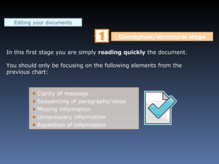 Editing your documents In this first stage you are simply  reading quickly  the document. You should only be focusing on the following elements from the previous chart: Conceptual/structural stage Clarity of message Sequencing of paragraphs/ideas  Missing information Unnecessary information Repetition of information 