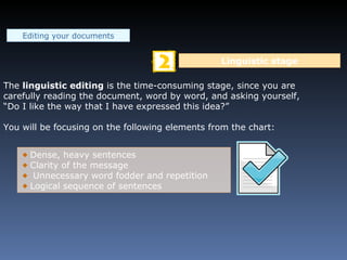 Editing your documents The  linguistic editing  is the time-consuming stage, since you are carefully reading the document, word by word, and asking yourself, “Do I like the way that I have expressed this idea?” You will be focusing on the following elements from the chart: Linguistic stage Dense, heavy sentences Clarity of the message Unnecessary word fodder and repetition Logical sequence of sentences 