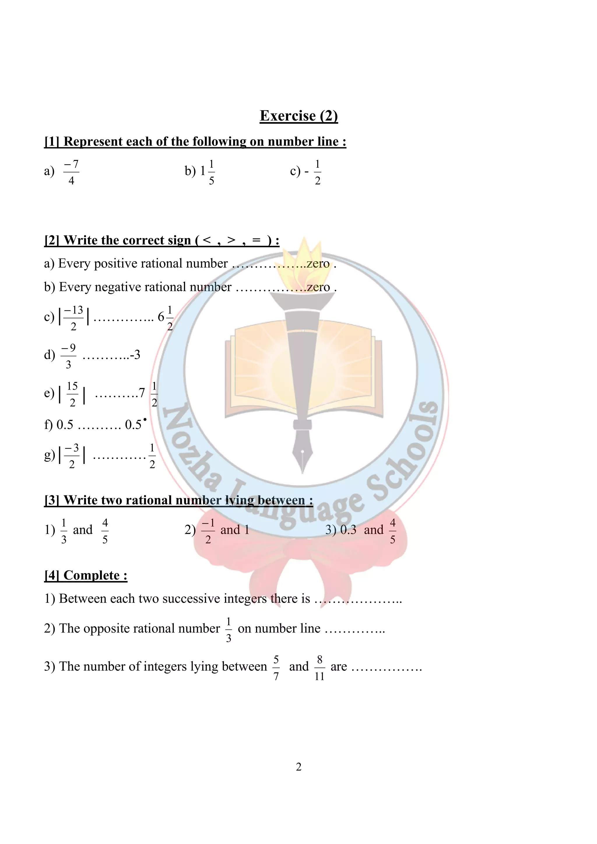 Exercise (2) 
[1] Represent each of the following on number line : 
a) 
1 c) - 
-1 and 1 3) 0.3 and 
1 on number line ………….. 
5 and 
2 
- 7 b) 1 
4 
5 
1 
2 
[2] Write the correct sign ( < , > , = ) : 
a) Every positive rational number ……………..zero . 
b) Every negative rational number …………….zero . 
c) 
-13 ………….. 6 
2 
1 
2 
d) 
- 9 ………..-3 
3 
e) 
15 ……….7 
2 
1 
2 
f) 0.5 ………. 0.5 
g) 
- 3 ………… 
2 
1 
2 
[3] Write two rational number lying between : 
1) 
1 and 
3 
4 2) 
5 
2 
4 
5 
[4] Complete : 
1) Between each two successive integers there is ……………….. 
2) The opposite rational number 
3 
3) The number of integers lying between 
7 
8 are ……………. 
11 
. 
 