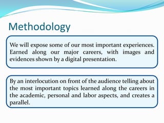 Methodology
We will expose some of our most important experiences.
Earned along our major careers, with images and
evidences shown by a digital presentation.
By an interlocution on front of the audience telling about
the most important topics learned along the careers in
the academic, personal and labor aspects, and creates a
parallel.
 