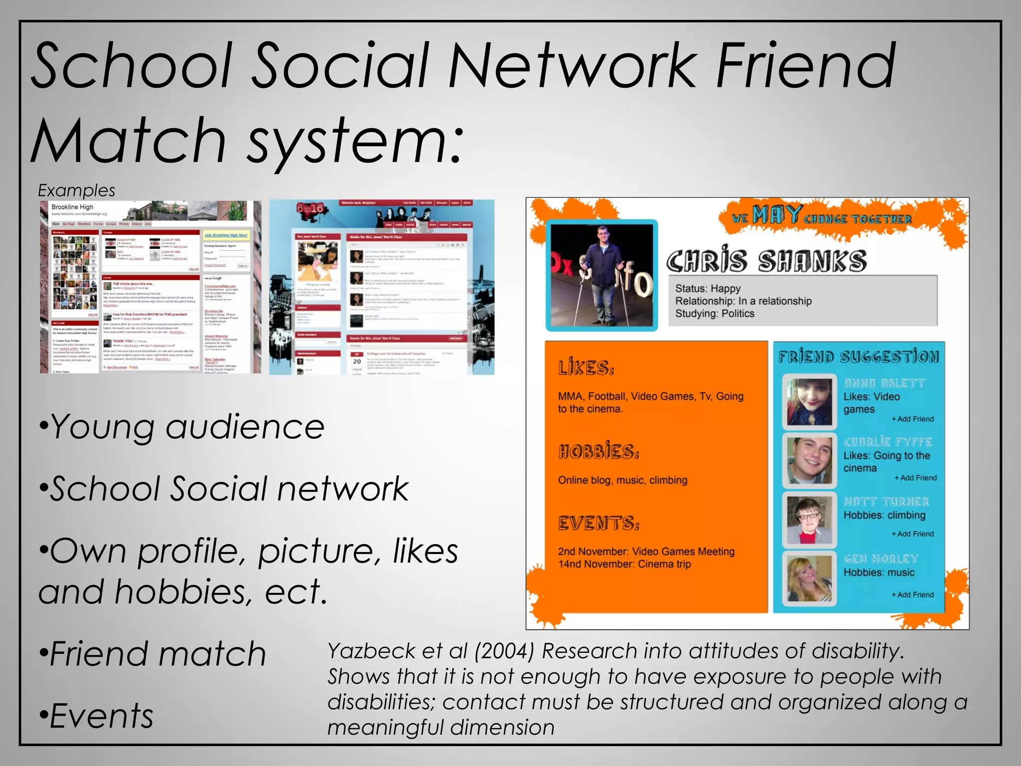 School Social Network Friend
Match system:
Yazbeck et al (2004) Research into attitudes of disability.
Shows that it is not enough to have exposure to people with
disabilities; contact must be structured and organized along a
meaningful dimension
•Young audience
•School Social network
•Own profile, picture, likes
and hobbies, ect.
•Friend match
•Events
Examples
 