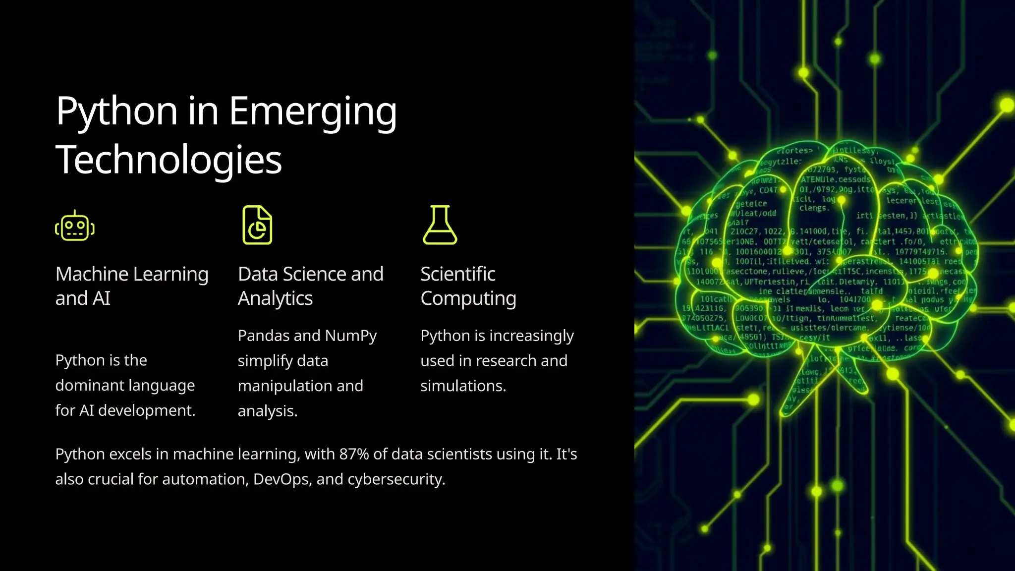 Python in Emerging
Technologies
Machine Learning
and AI
Python is the
dominant language
for AI development.
Data Science and
Analytics
Pandas and NumPy
simplify data
manipulation and
analysis.
Scientific
Computing
Python is increasingly
used in research and
simulations.
Python excels in machine learning, with 87% of data scientists using it. It's
also crucial for automation, DevOps, and cybersecurity.
 