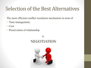 Selection of the Best Alternatives
The most efficient conflict resolution mechanism in term of
• Time management,
• Cost
• Preservation of relationship
is
NEGOTIATION
 