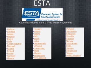 Countries included in the US Visa waver Programme:
•Andorra
•Australia
•Austria
•Belgium
•Brunei
•Chile
•Czech Republic
•Denmark
•Estonia
•Finland
•France
•Germany
•Greece
•Hungary
•Iceland
•Ireland
•Italy
•Japan
•Latvia
•Liechtenstein
•Lithuania
•Luxembourg
•Malta
•Monaco
•Netherlands
•New Zealand
•Portugal
•San Marino
•Singapore
•Slovakia
•Slovenia
•Norway
•South Korea
•Spain
•Sweden
•Switzerland
•Taiwan
•United Kingdom
 