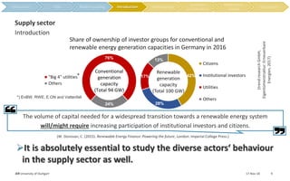 17-Nov-18IER University of Stuttgart 9
Introduction
Supply sector
76%
24%
"Big 4" utilities
Others
Conventional
generation
capacity
(Total 94 GW)
42%
28%
17%
13%
Citizens
Institutional investors
Utilities
Others
Renewable
generation
capacity
(Total 100 GW)
Share of ownership of investor groups for conventional and
renewable energy generation capacities in Germany in 2016
(trend:researchGmbH,
Eigentümerstruktur:Erneuerbare
Energien,2017)
The volume of capital needed for a widespread transition towards a renewable energy system
will/might require increasing participation of institutional investors and citizens.
(W. Donovan, C. (2015). Renewable Energy Finance: Powering the future, London: Imperial College Press.)
It is absolutely essential to study the diverse actors‘ behaviour
in the supply sector as well.
Introduction
*
*) EnBW, RWE, E.ON and Vattenfall
 