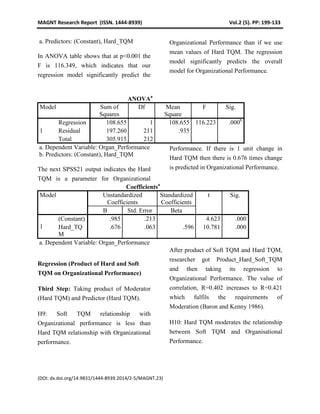 MAGNT Research Report (ISSN. 1444-8939) Vol.2 (5). PP: 199-133
(DOI: dx.doi.org/14.9831/1444-8939.2014/2-5/MAGNT.23)
a. Predictors: (Constant), Hard_TQM
In ANOVA table shows that at p<0.001 the
F is 116.349, which indicates that our
regression model significantly predict the
Organizational Performance than if we use
mean values of Hard TQM. The regression
model significantly predicts the overall
model for Organizational Performance.
ANOVAa
Model Sum of
Squares
Df Mean
Square
F Sig.
1
Regression 108.655 1 108.655 116.223 .000b
Residual 197.260 211 .935
Total 305.915 212
a. Dependent Variable: Organ_Performance
b. Predictors: (Constant), Hard_TQM
The next SPSS21 output indicates the Hard
TQM is a parameter for Organizational
Performance. If there is 1 unit change in
Hard TQM then there is 0.676 times change
is predicted in Organizational Performance.
Coefficientsa
Model Unstandardized
Coefficients
Standardized
Coefficients
t Sig.
B Std. Error Beta
1
(Constant) .985 .213 4.623 .000
Hard_TQ
M
.676 .063 .596 10.781 .000
a. Dependent Variable: Organ_Performance
Regression (Product of Hard and Soft
TQM on Organizational Performance)
Third Step: Taking product of Moderator
(Hard TQM) and Predictor (Hard TQM).
H9: Soft TQM relationship with
Organizational performance is less than
Hard TQM relationship with Organizational
performance.
After product of Soft TQM and Hard TQM,
researcher got Product_Hard_Soft_TQM
and then taking its regression to
Organizational Performance. The value of
correlation, R=0.402 increases to R=0.421
which fulfils the requirements of
Moderation (Baron and Kenny 1986).
H10: Hard TQM moderates the relationship
between Soft TQM and Organisational
Performance.
 