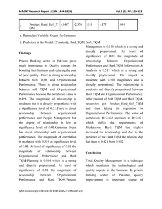 MAGNT Research Report (ISSN. 1444-8939) Vol.2 (5). PP: 199-133
(DOI: dx.doi.org/14.9831/1444-8939.2014/2-5/MAGNT.23)
1
Product_Hard_Soft_T
QM
-.648b
-2.576 .011 -.175 .044
a. Dependent Variable: Organ_Performance
b. Predictors in the Model: (Constant), Hard_TQM, Soft_TQM
Findings
Private Banking sector in Pakistan gives
much importance to Quality aspects for
boosting their business and reducing the cost
of poor quality. There is strong relationship
between Soft TQM and Organizational
Performance. There is direct relationship
between soft TQM and Organizational
Performance because the correlation value is
0.498. The magnitude of relationship is
moderate but it is directly proportional with
a significance level of 0.01.There is direct
relationship between organizational
performance and People Management but
the degree of relationship is low at
significance level of 0.01.Customer focus
has direct relationship with organizational
performance. The magnitude of correlation
is moderate with 0.319 at significance level
of 0.01. At level of significance of 0.01 the
magnitude of relationship between
Organizational Performance and Hard
TQM-Planning is 0.564 which is a strong
and directly proportional. At level of
significance of 0.01 the magnitude of
relationship between Organizational
Performance and Hard TQM-Process
Management is 0.518 which is a strong and
directly proportional. At level of
significance of 0.01 the magnitude of
relationship between Organizational
Performance and Hard TQM-Information &
Analysis is 0.511 which is a strong and
directly proportional. The impact is
moderate with 0.498 magnitudes and is
directly proportional. The relationship is
moderate and directly proportional between
Hard TQM and Organizational Performance.
After product of Soft TQM and Hard TQM,
researcher got Product_Hard_Soft_TQM
and then taking its regression to
Organizational Performance. The value of
correlation, R=0.402 increases to R=0.421
which fulfils the requirements of
Moderation. Hard TQM has slightly
increased the relationship and due to the
presence of the Hard TQM the relation ship
has risen to 0.421 from 0.402.
Conclusion
Total Quality Management is a technique
which inculcates the technological and
quality aspects in the business. In private
banking sector of Pakistan quality
improvement is important source of
 