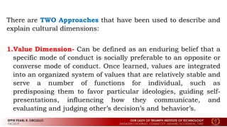 There are TWO Approaches that have been used to describe and
explain cultural dimensions:
1.Value Dimension- Can be defined as an enduring belief that a
specific mode of conduct is socially preferable to an opposite or
converse mode of conduct. Once learned, values are integrated
into an organized system of values that are relatively stable and
serve a number of functions for individual, such as
predisposing them to favor particular ideologies, guiding self-
presentations, influencing how they communicate, and
evaluating and judging other’s decision’s and behavior’s.
 