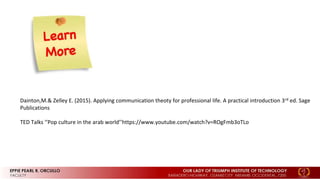 Dainton,M.& Zelley E. (2015). Applying communication theoty for professional life. A practical introduction 3rd ed. Sage
Publications
TED Talks ‘’Pop culture in the arab world’’https://www.youtube.com/watch?v=ROgFmb3oTLo
 