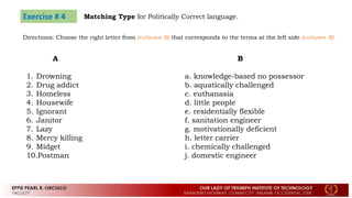 Exercise # 4 Matching Type for Politically Correct language.
Directions: Choose the right letter from (column B) that corresponds to the terms at the left side (column B)
A B
1. Drowning a. knowledge-based no possessor
2. Drug addict b. aquatically challenged
3. Homeless c. euthanasia
4. Housewife d. little people
5. Ignorant e. residentially flexible
6. Janitor f. sanitation engineer
7. Lazy g. motivationally deficient
8. Mercy killing h. letter carrier
9. Midget i. chemically challenged
10.Postman j. domestic engineer
 